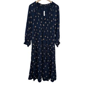 NWT Madewell Challis Long Sleeve Midi Navy Blue Floral V-Neck Tiered Dress Sz M